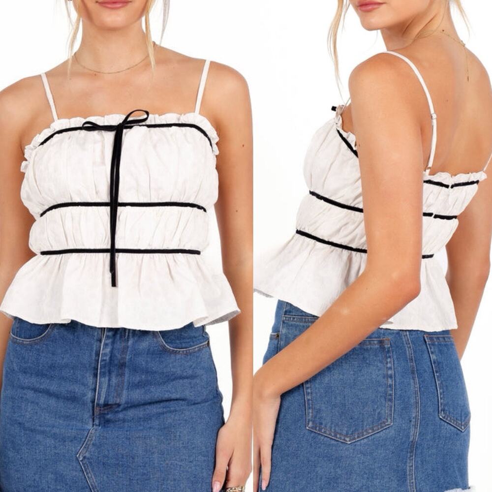 Petal + Pup Jenni Top Size S White Floral Sleeveless Cropped Strappy Velvet Trim